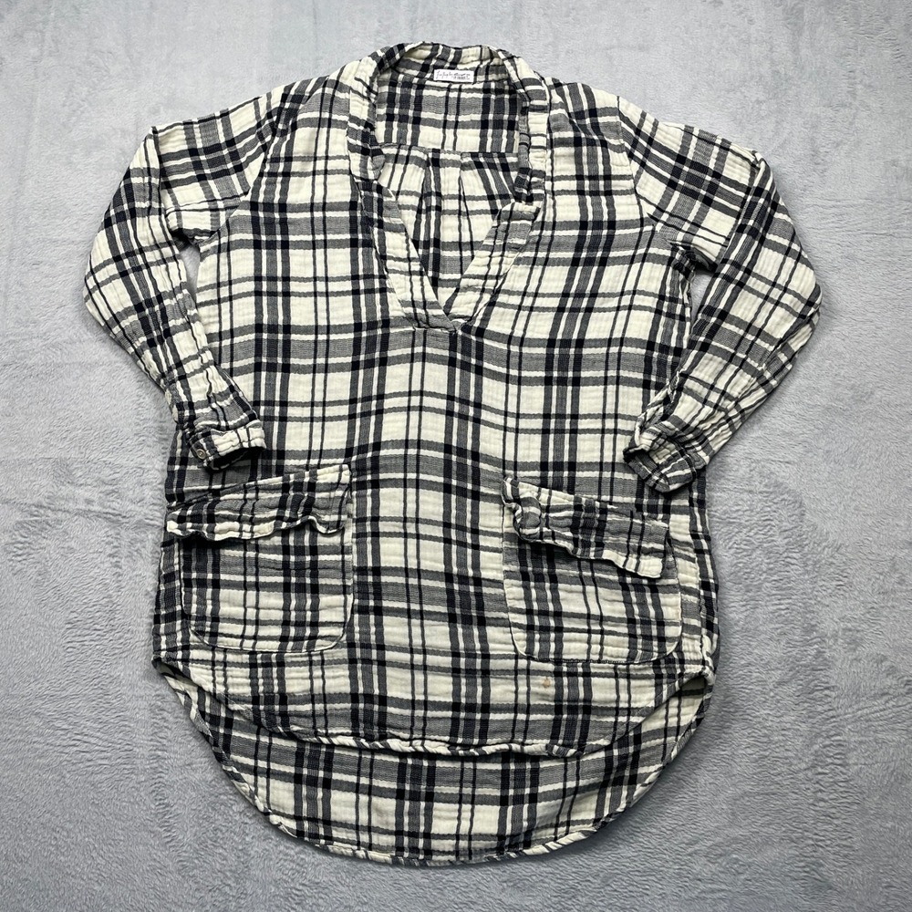 Free People CP Shades Tunic Women XS Black White Plaid Cotton Gauze V-Neck Top